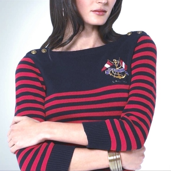 Ralph Lauren Sweater Striped Gold Buttons Nautical Crest Red Navy Blue Sz L - Picture 1 of 10